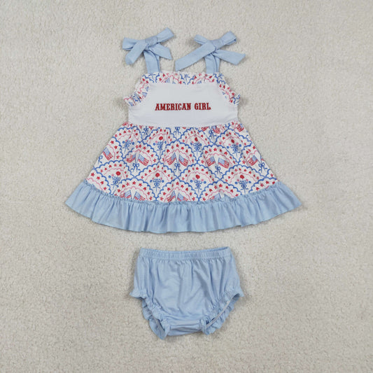 SR3648 Embroidery America Girl Strap Bow Flags Checked Tunic Bummies 4th of July Clothe Rompers