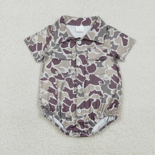 SR3652 Baby Boys Short Sleeve Southern Grey Camo Pockets Button Rompers