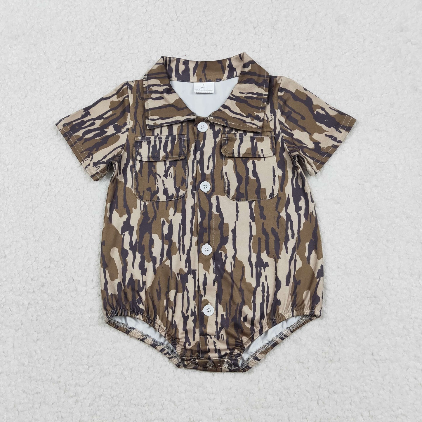 SR3653 Baby Boys Short Sleeve Southern Olive Camo Pockets Button Rompers
