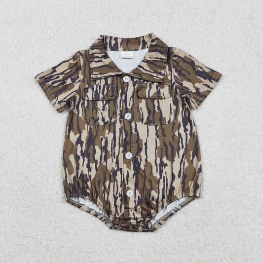 SR3653 Baby Boys Short Sleeve Southern Olive Camo Pockets Button Rompers