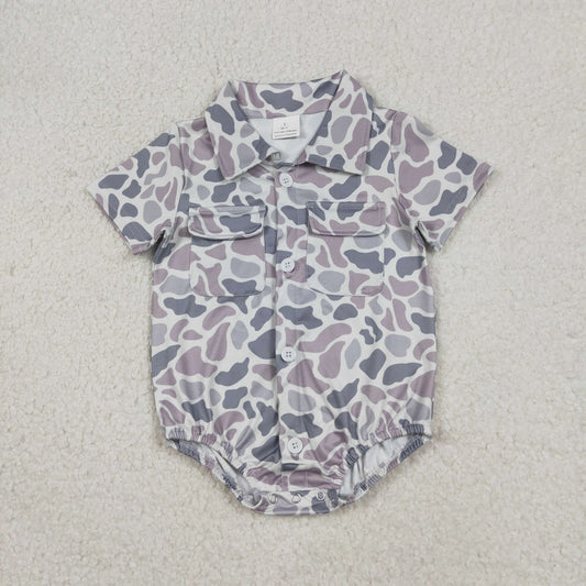SR3654 Baby Boys Short Sleeve Southern Light Grey Camo Pockets Button Rompers
