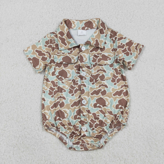 SR3655 Baby Boys Short Sleeve Southern Khaki Camo Pockets Button Rompers