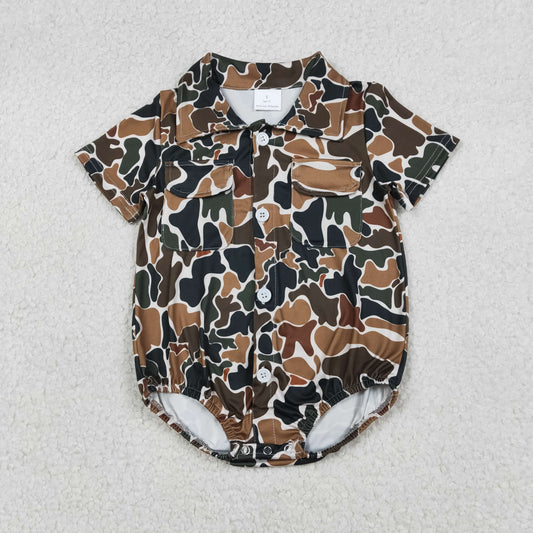 SR3656 Baby Boys Short Sleeve Southern Dark Brown Camo Pockets Button Rompers