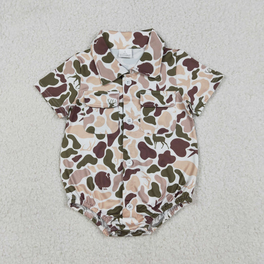 SR3657 Baby Boys Short Sleeve Southern Hunting Dogs Deer Camo Pockets Button Rompers