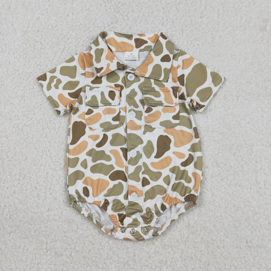 SR3658 Baby Boys Short Sleeve Southern Orange Camo Pockets Button Rompers