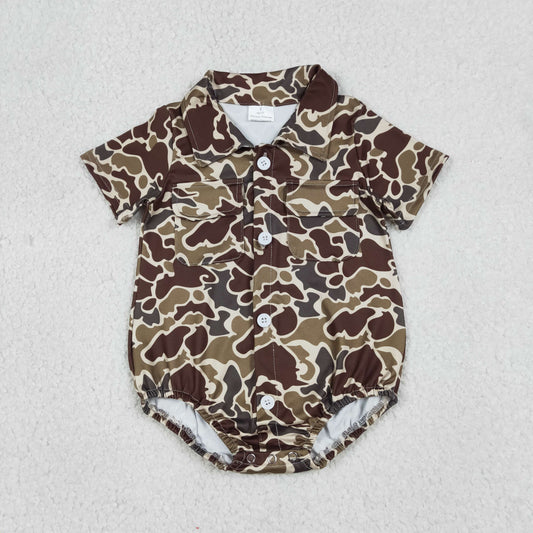 SR3659 Baby Boys Short Sleeve Southern Dark Khaki Camo Pockets Button Rompers