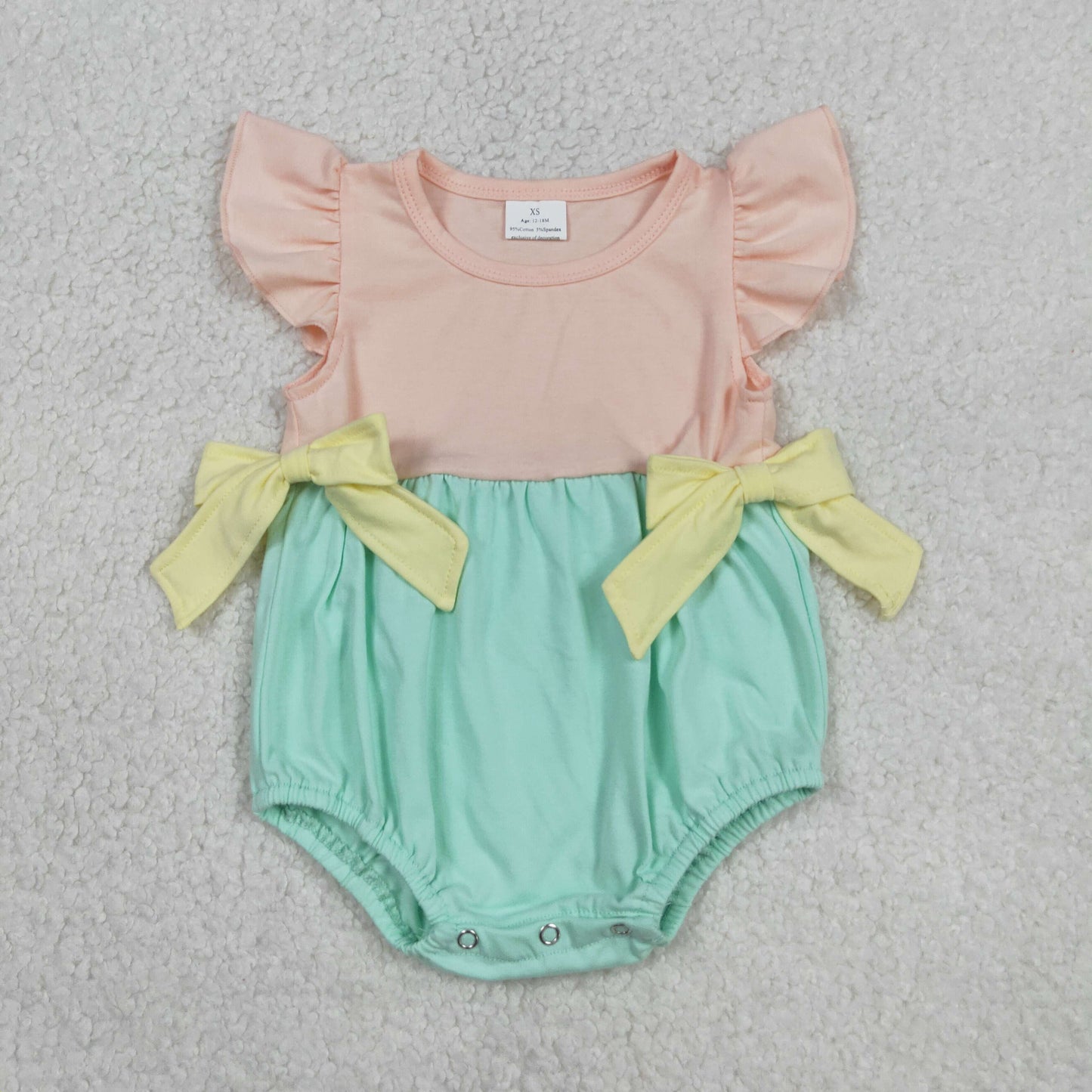 SR3662 Baby Girls Flutter Sleeve Pink Aqua Patchwork Ruffle Romper