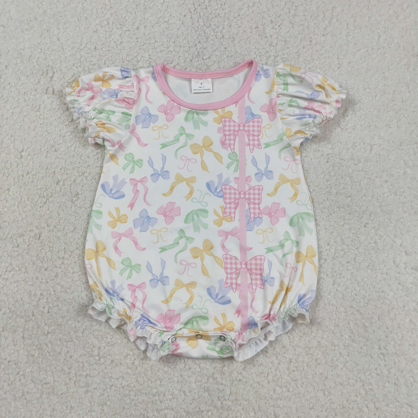 SR3672 Baby Girls Short Sleeve Colorful Bows Button Ruffle Romper