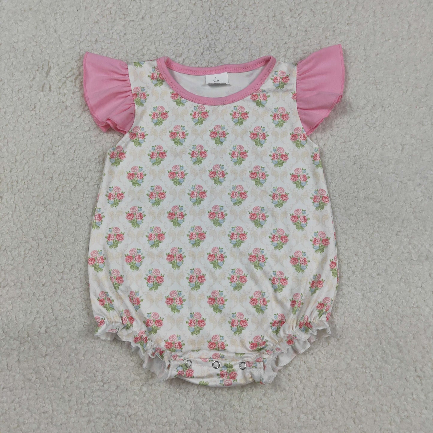 SR3677 Baby Girls Pink Flutter Sleeve Flowers Checked Ruffle Romper