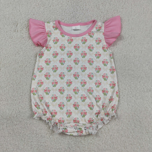 SR3677 Baby Girls Pink Flutter Sleeve Flowers Checked Ruffle Romper