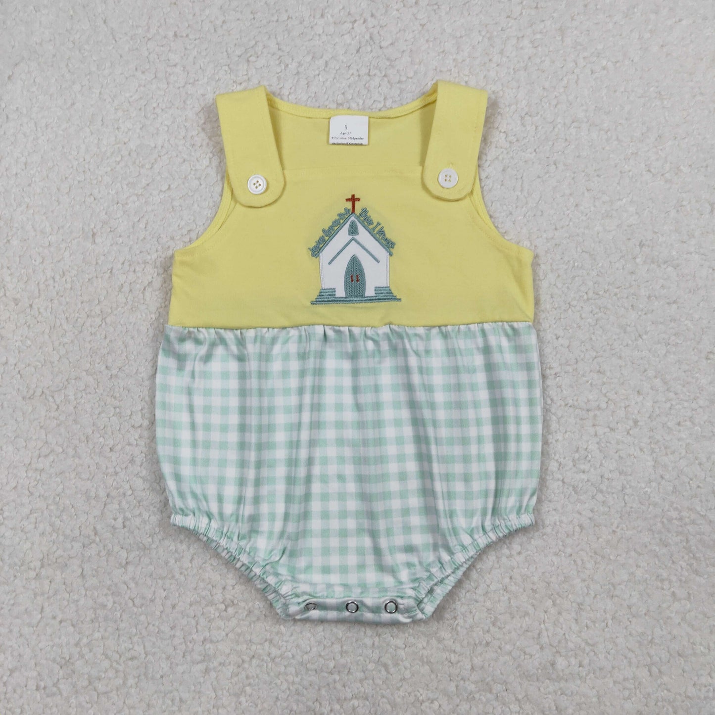 SR3703 Baby Boys Sleeveless Embroidery Church Cross Checked Rompers