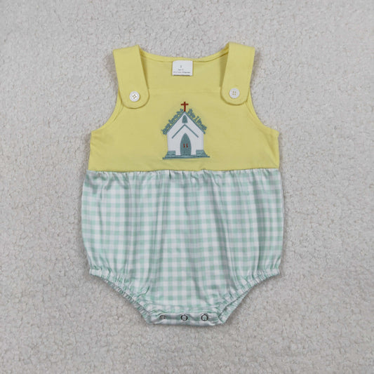 SR3703 Baby Boys Sleeveless Embroidery Church Cross Checked Rompers