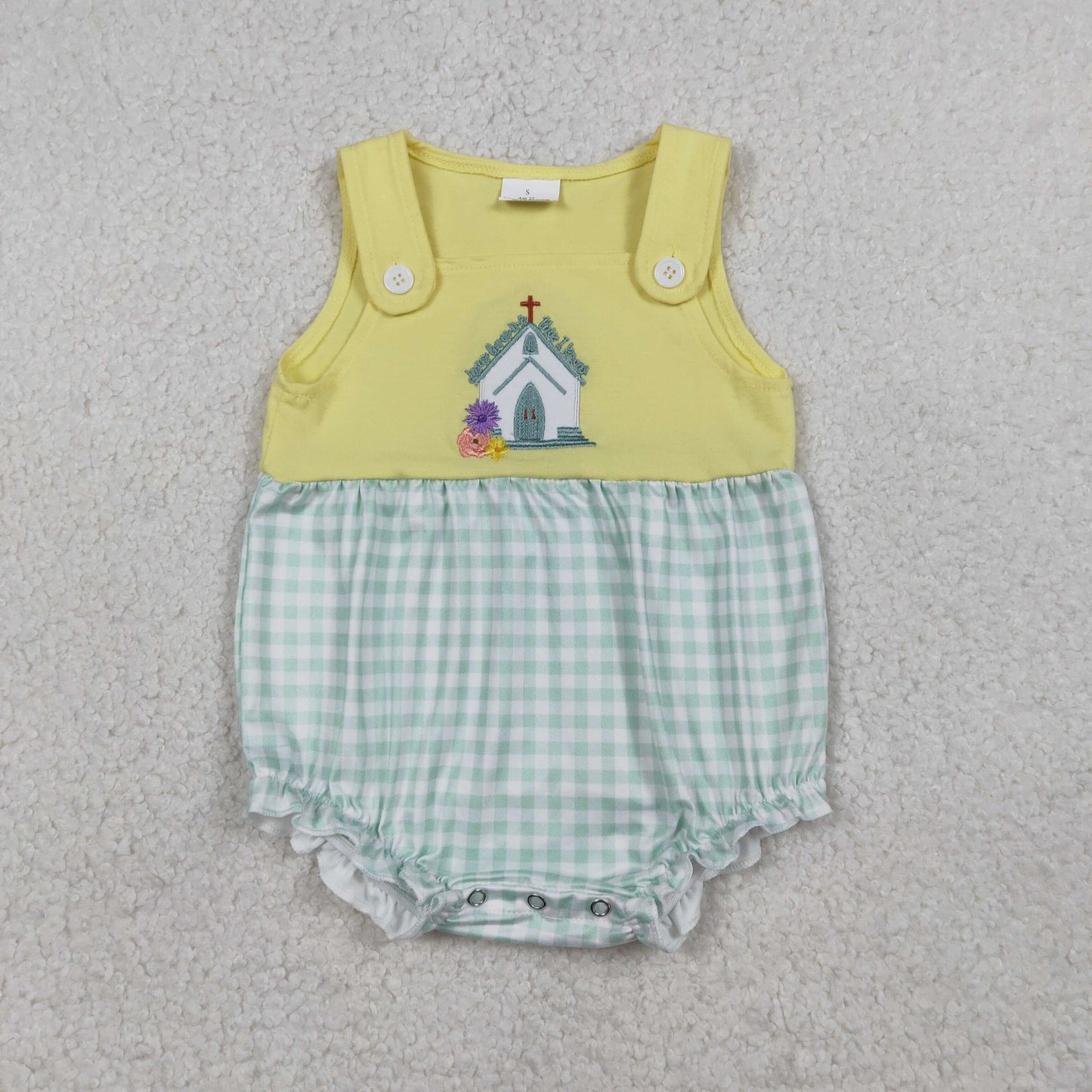SR3704 Baby Girls Sleeveless Embroidery Church Cross Checked Ruffle Rompers