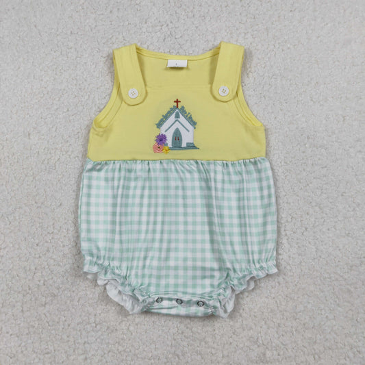 SR3704 Baby Girls Sleeveless Embroidery Church Cross Checked Ruffle Rompers