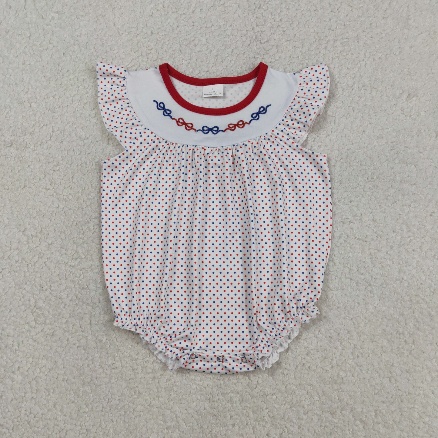 SR3706 Baby Girls Flutter Sleeve Embroidery Bows Polka Dots Ruffle Romper