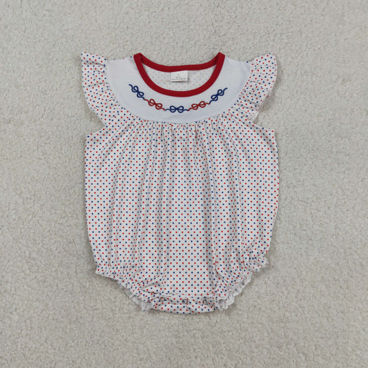 SR3706 Baby Girls Flutter Sleeve Embroidery Bows Polka Dots Ruffle Romper
