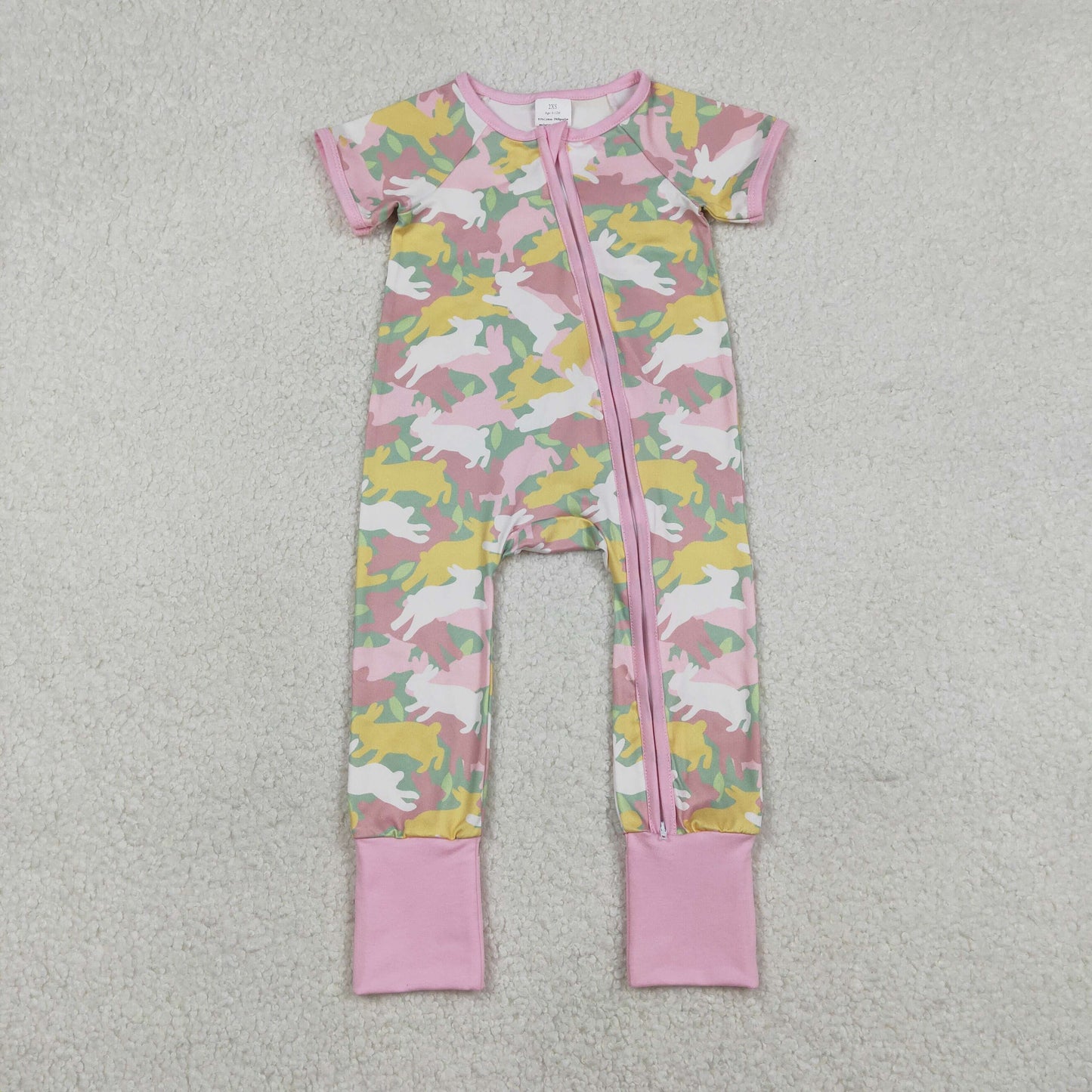 SR3715 Baby Girls Colorful Rabbits Camo Easter Two Way Zip Convertible Rompers