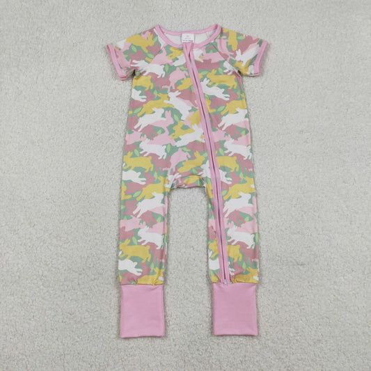 SR3715 Baby Girls Colorful Rabbits Camo Easter Two Way Zip Convertible Rompers