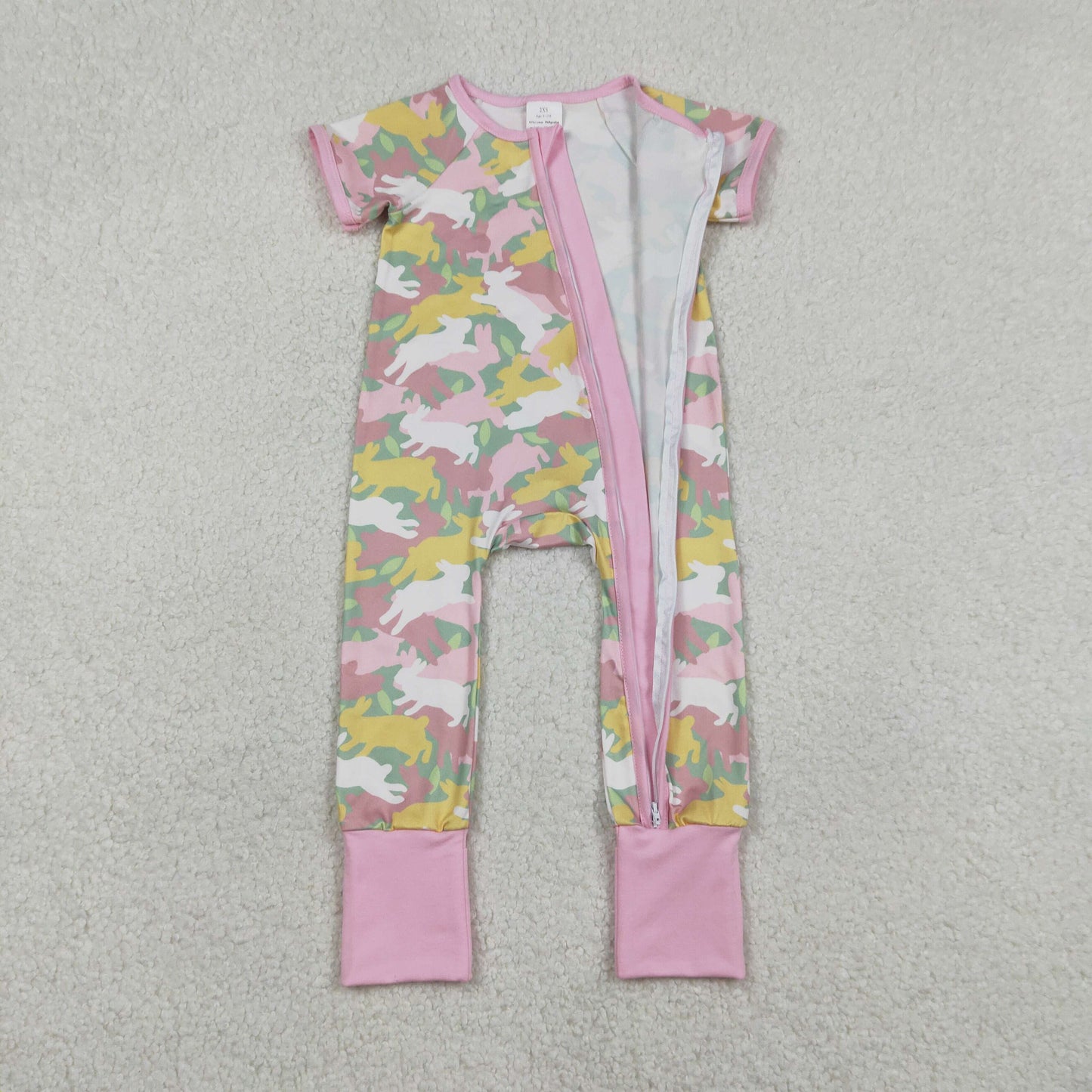 SR3715 Baby Girls Colorful Rabbits Camo Easter Two Way Zip Convertible Rompers