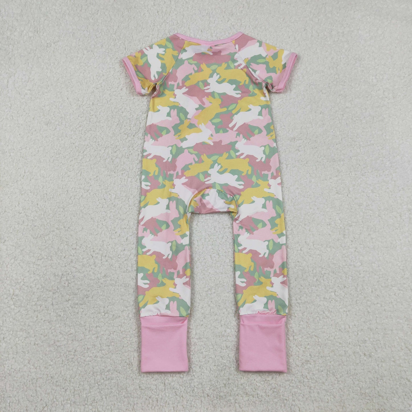 SR3715 Baby Girls Colorful Rabbits Camo Easter Two Way Zip Convertible Rompers