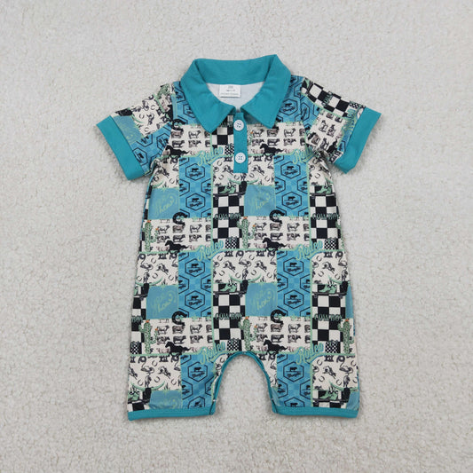 SR3723 Baby Boys Horse Rodeos Aztec Checked Western Button Rompers
