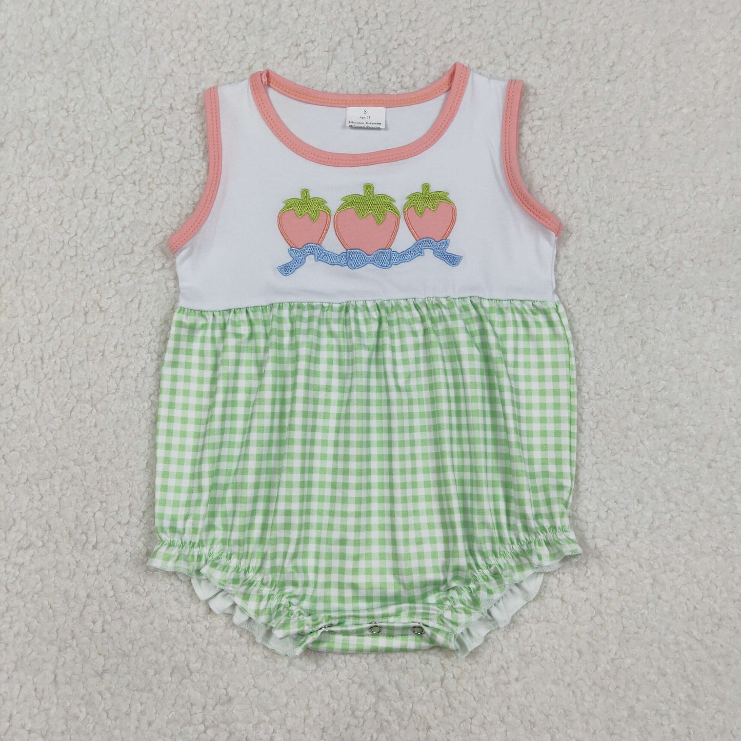 SR3725 Baby Girls Embroidery Bows Strawberry Checked Ruffle Rompers