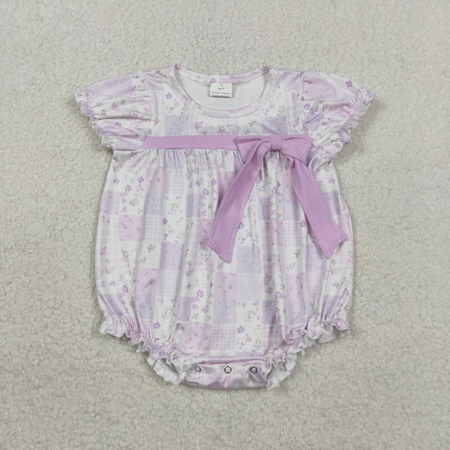 SR3730 Baby Girls Short Sleeve Flowers Checked Bow Top Ruffle Rompers