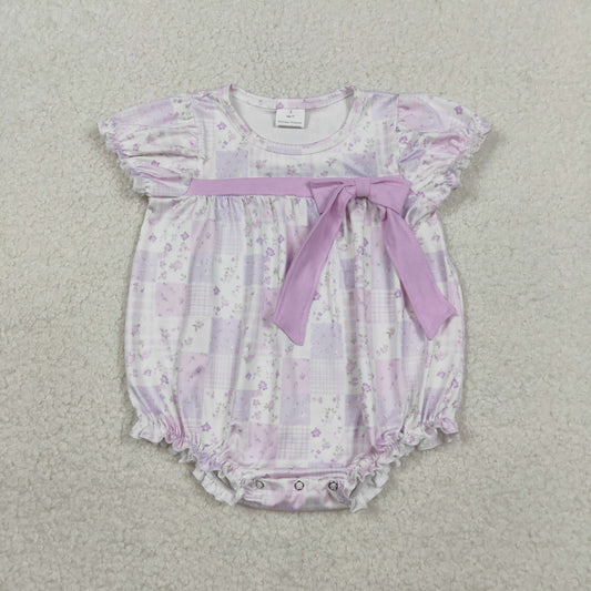 SR3730 Baby Girls Short Sleeve Flowers Checked Bow Top Ruffle Rompers