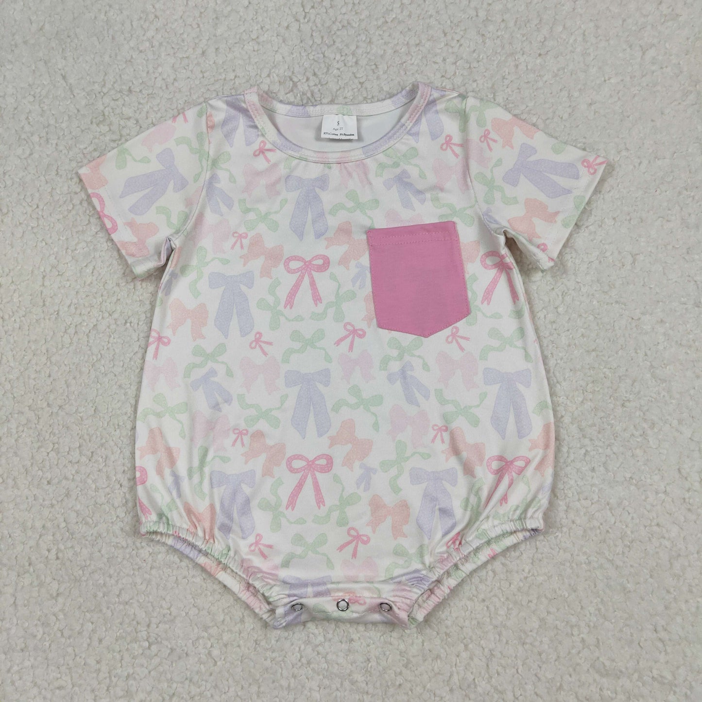 SR3731 Baby Girls Short Sleeve Colorful Bows Pocket Ruffle Rompers
