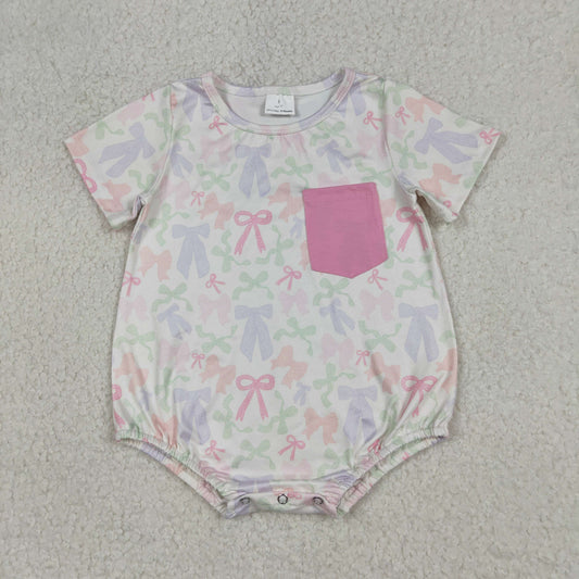 SR3731 Baby Girls Short Sleeve Colorful Bows Pocket Ruffle Rompers