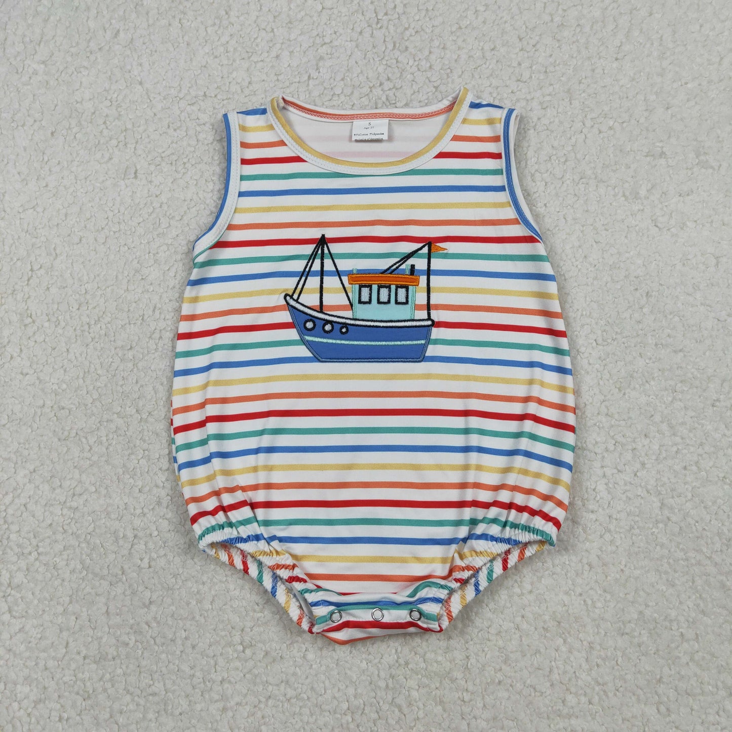 SR3733 Baby Boys Sleeveless Colorful Stripe Embroidery Boats Rompers