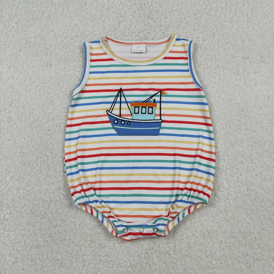 SR3733 Baby Boys Sleeveless Colorful Stripe Embroidery Boats Rompers