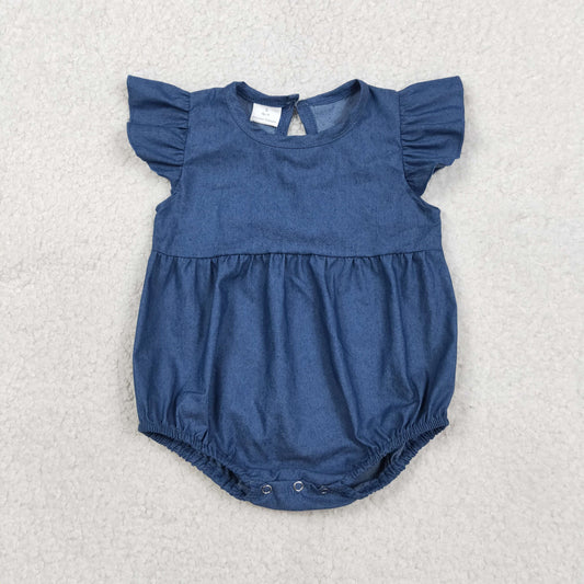 SR3734 Baby Girls Navy Flutter Sleeve Denim Ruffle Rompers
