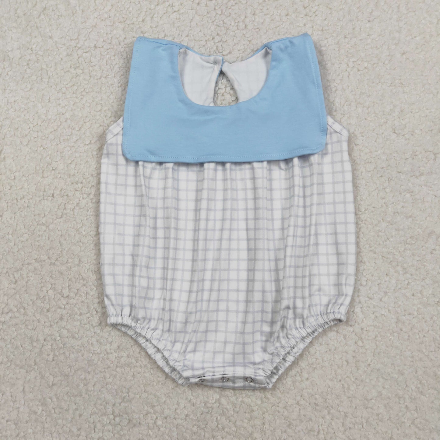 SR3751 Baby Boys Blue Sleeveless Grey Checked Romper