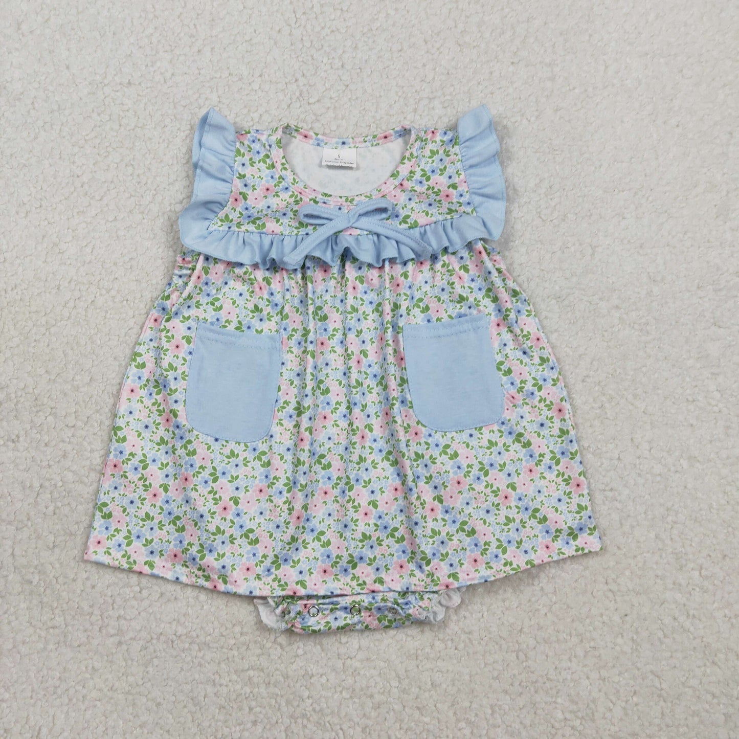 SR3752 Baby Girls Sleeveless Colorful Flowers Pockets Tunic Bumies Ruffle Rompers