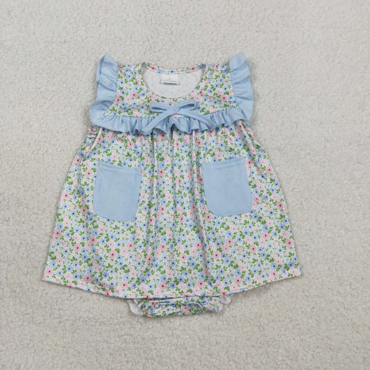 SR3752 Baby Girls Sleeveless Colorful Flowers Pockets Tunic Bumies Ruffle Rompers