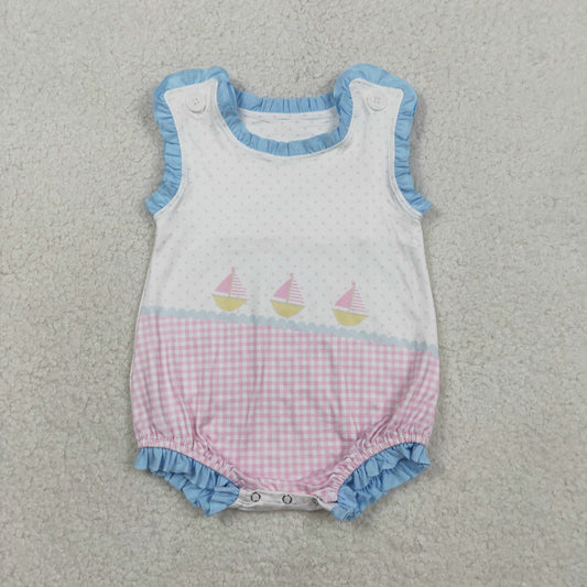 SR3755 Baby Girls Sleeveless Boats Polka Dots Checked Ruffle Romper