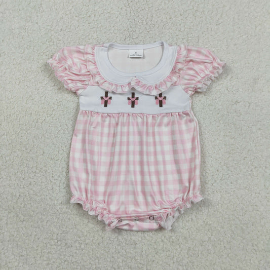 SR3756 Baby Girls Pink Checked Emabroidery Crosses Eater Collar Ruffle Rompers