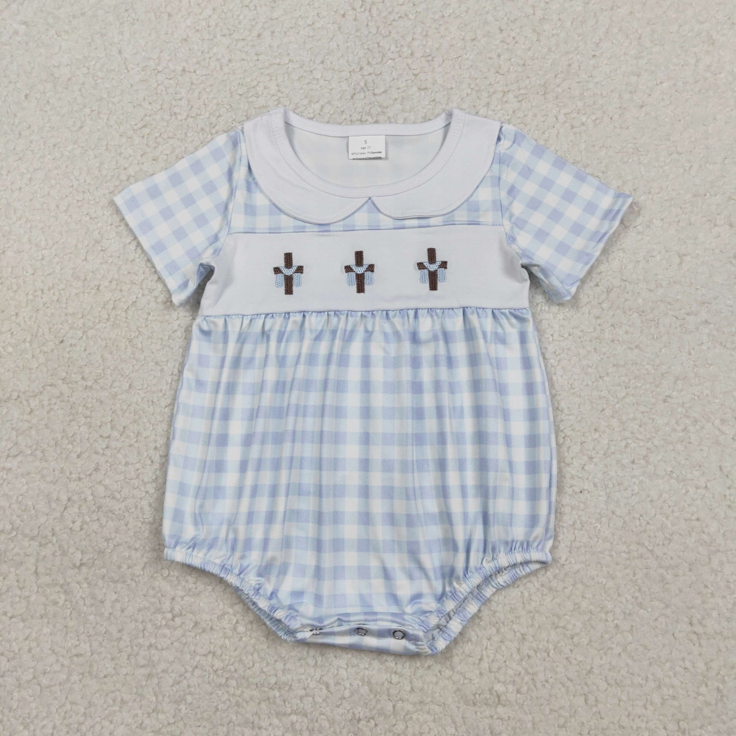 SR3757 Baby Boys Blue Checked Emabroidery Crosses Eater Collar Rompers