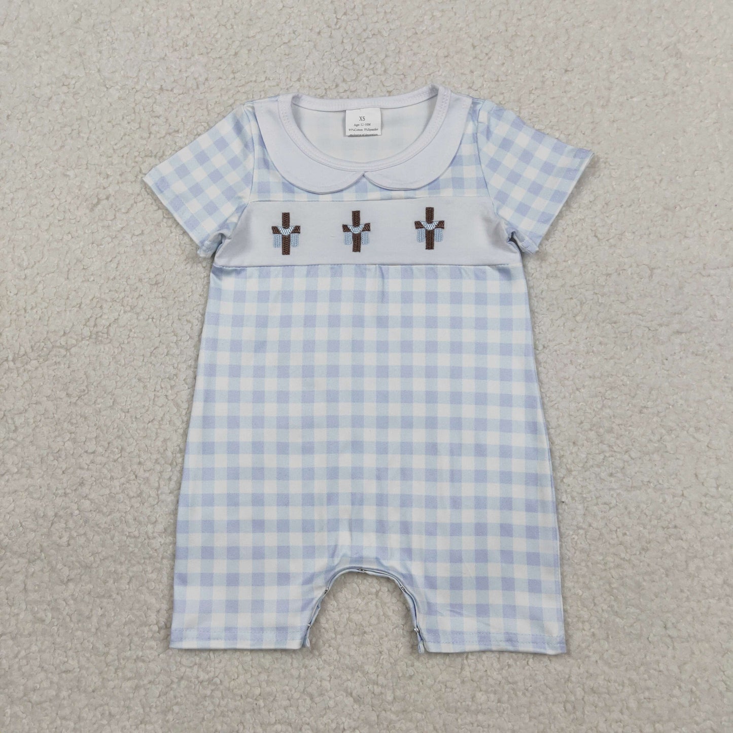 SR3758 Baby Boys Blue Checked Emabroidery Crosses Eater Collar Short Rompers