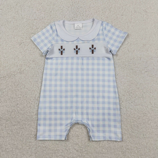 SR3758 Baby Boys Blue Checked Emabroidery Crosses Eater Collar Short Rompers