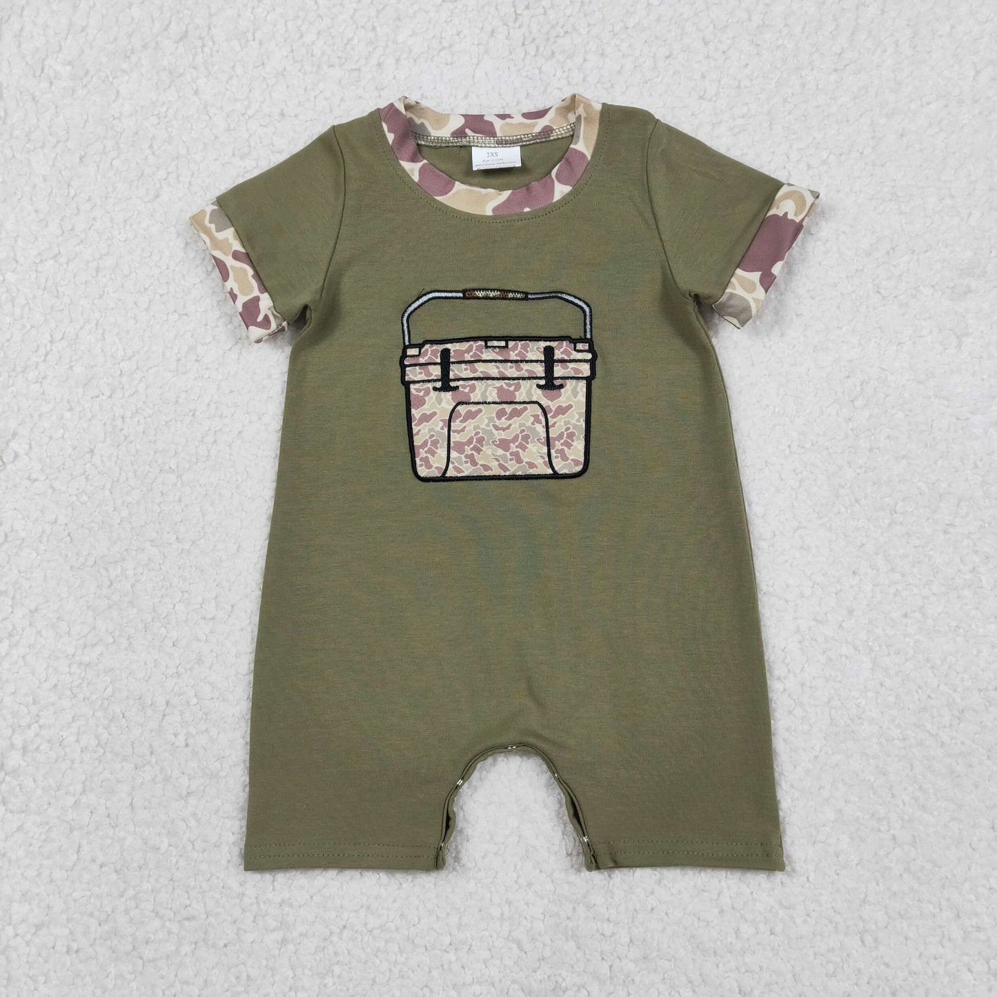 SR3761 Baby Boys Olive Short Sleeve Embroidery Khaki Camo Boxes Hunting Rompers
