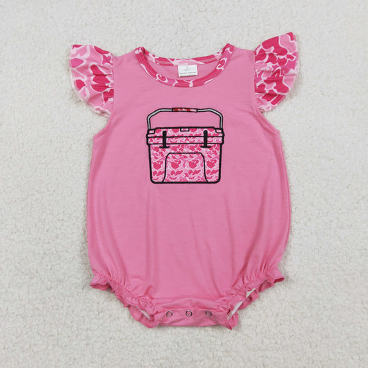 SR3762 Baby Girls Pink Flutter Sleeve Embroidery Camo Boxes Hunting Ruffle Rompers