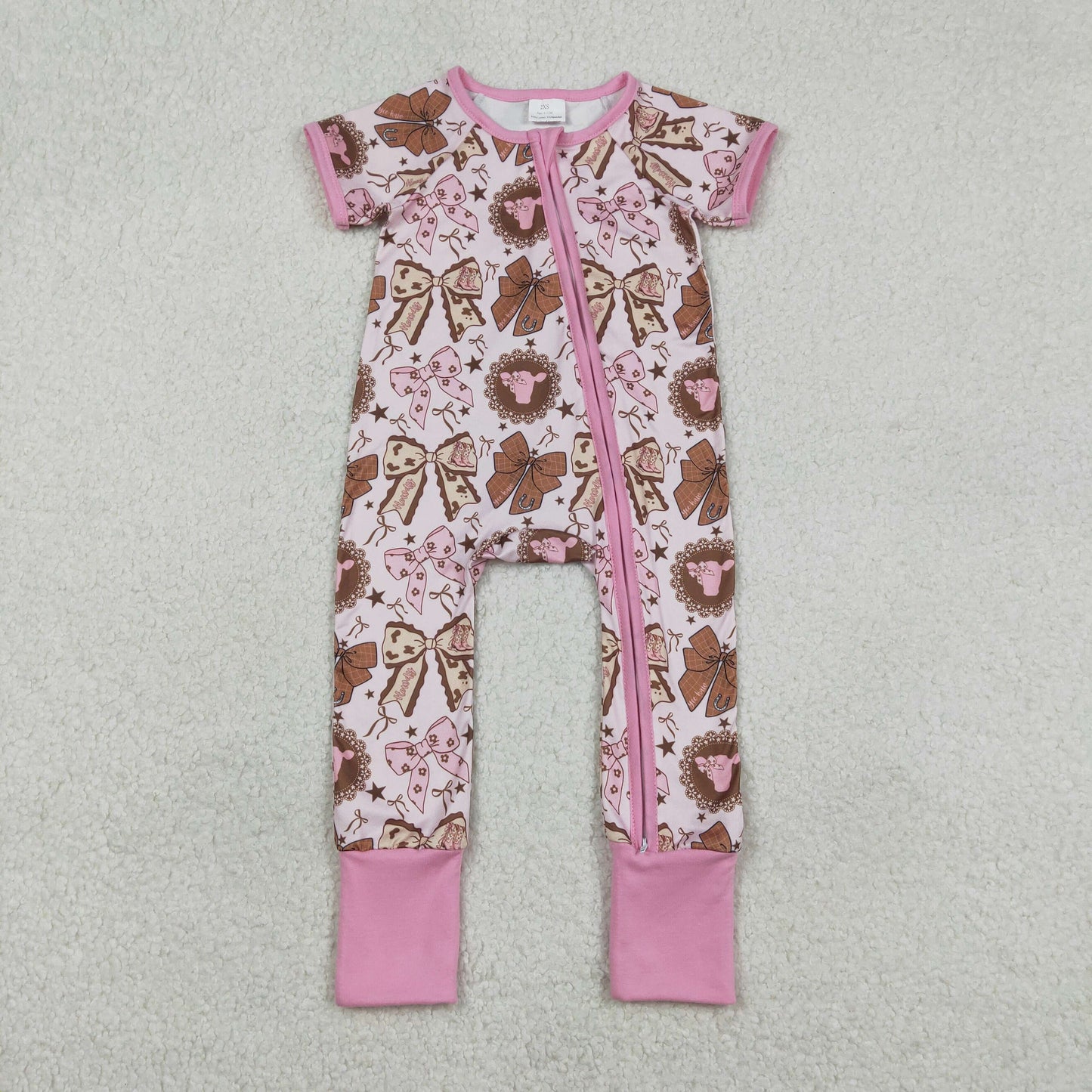 SR3763 Baby Girls Highland Cows Bows Western Two Way Zip Convertible Rompers