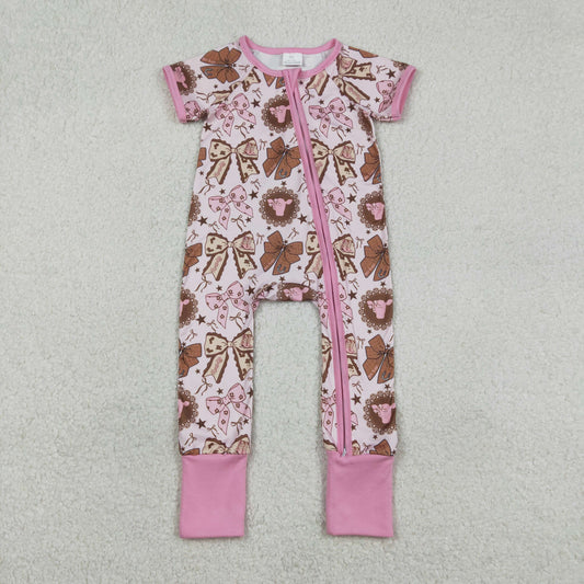 SR3763 Baby Girls Highland Cows Bows Western Two Way Zip Convertible Rompers