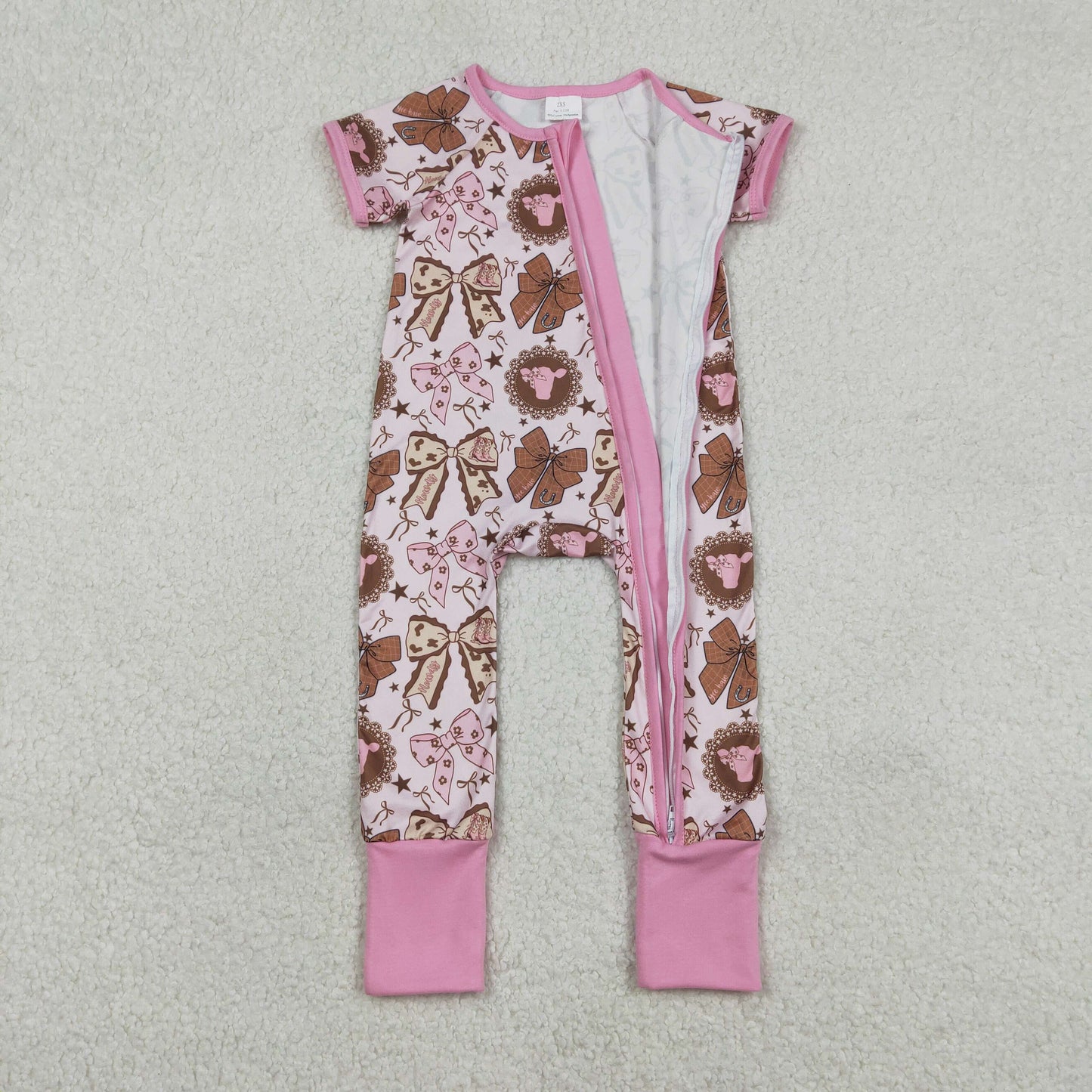 SR3763 Baby Girls Highland Cows Bows Western Two Way Zip Convertible Rompers