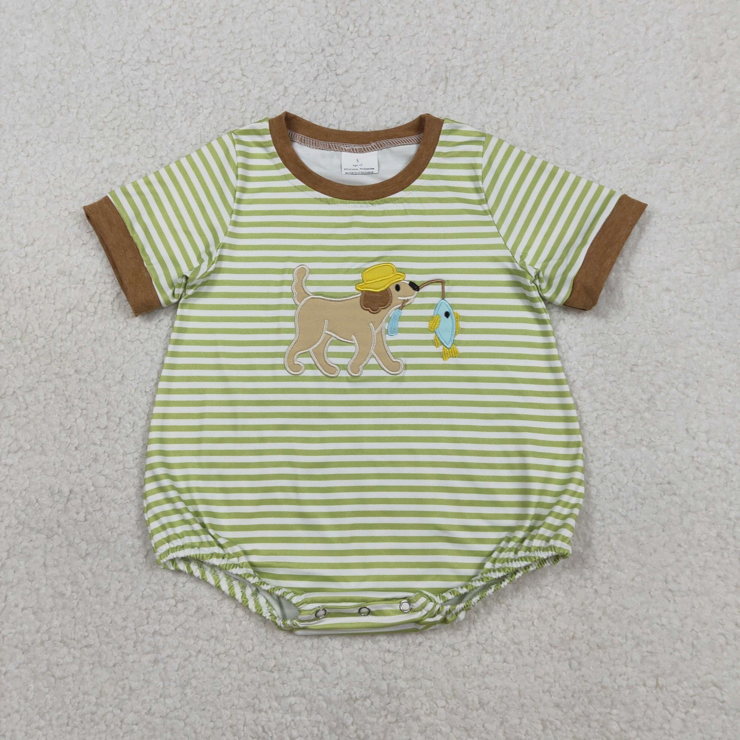 SR3765 Baby Boys Short Sleeve Green Stripe Embroidery Dog Fishing Hunting Rompers
