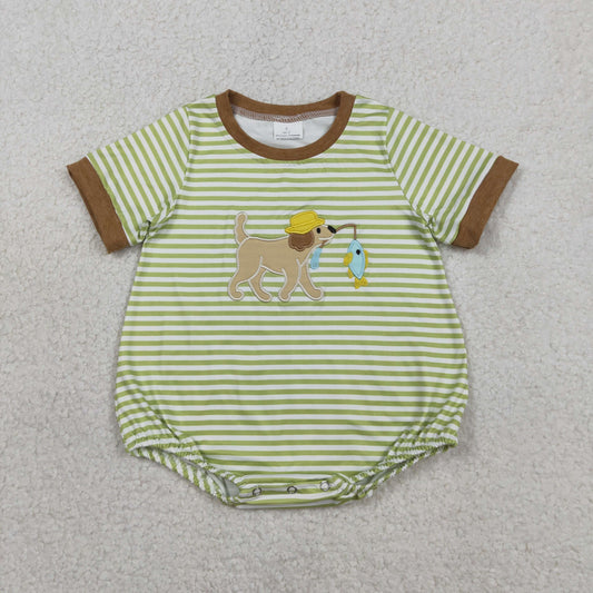 SR3765 Baby Boys Short Sleeve Green Stripe Embroidery Dog Fishing Hunting Rompers