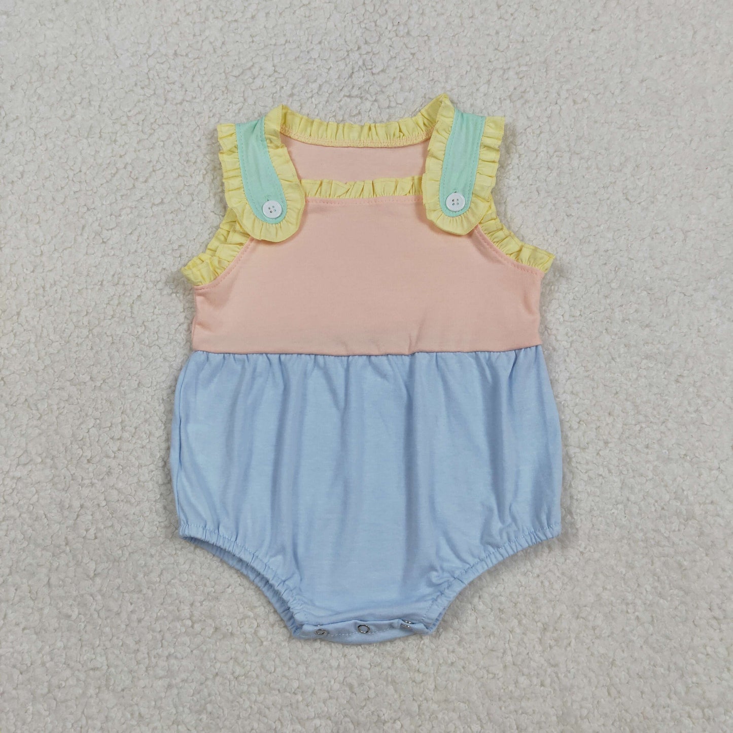 SR3772 Baby Girls Sleeveless Aqua Pink Blue Patchwork Ruffle Romper