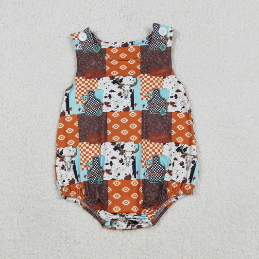 SR3773 Baby Boys Sleeveless Bull Skulls Aztec Checked Western Rompers